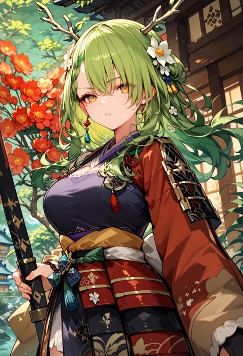 a woman in a kimono outfit holding a sword in front of a tree