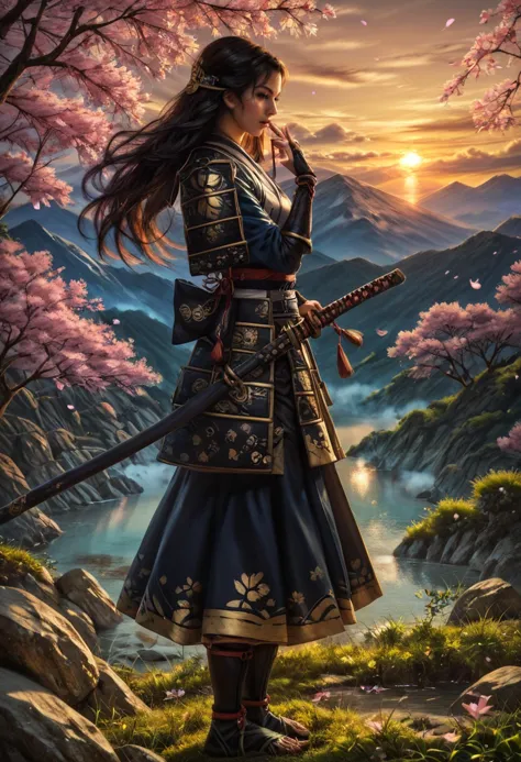 a woman in a samurai outfit standing on a hill with a sword