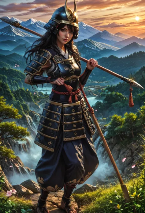 a woman in armor holding a spear and a sword standing on a mountain