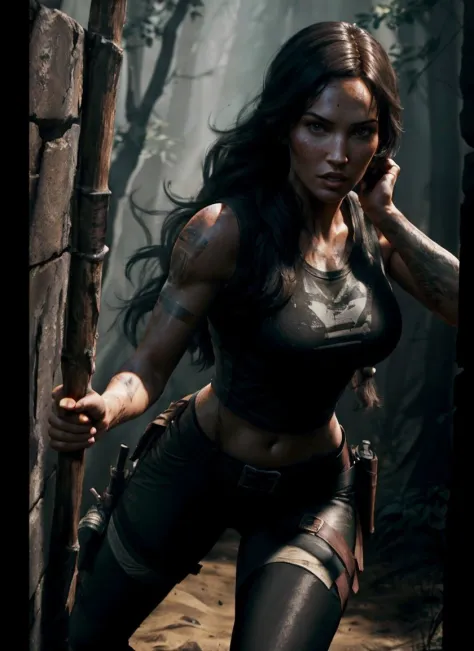 full body photo of MegFoxv2 woman ,long black hair, wearing tomb raider cosplay, fighting, extremely detailed, intricate detail, fine detail, careful detail, up close portrait, masterpiece, best quality, ultra-detailed   <lora:MeganFoxv2Lora:1.0> <lora:add...
