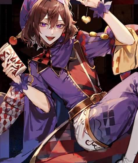 au \(d elete\, 1boy, solo, brown hair, purple eyes, short shaggy hair, jester, :D, waist-up,  <lora:au_d_elete_offset:1>, <lora:CourtJester-10:0.8>, JesterCh, circus, happy,