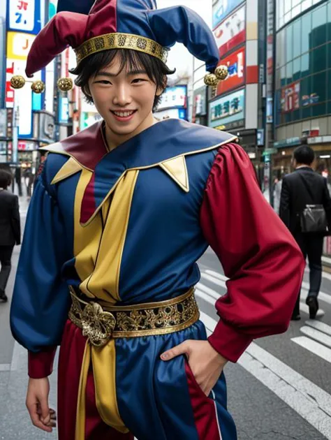 araffe dressed in a jester costume standing on a city street