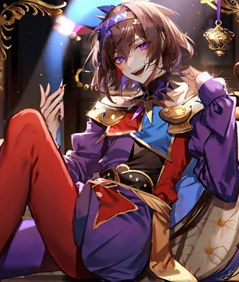 au \(d elete\, 1boy, solo, brown hair, purple eyes, short shaggy hair, jester, :D, waist-up,  <lora:au_d_elete_offset:1>, <lora:CourtJester-10:0.8>, JesterCh, circus, happy,