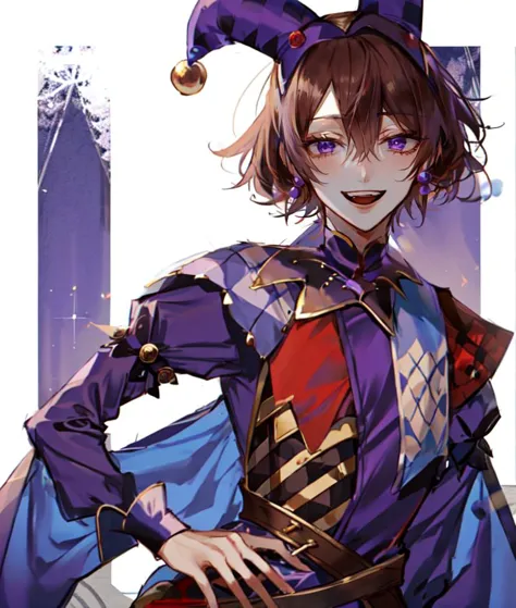 au \(d elete\, 1boy, solo, brown hair, purple eyes, short shaggy hair, jester, :D, waist-up,  <lora:au_d_elete_offset:1>, <lora:CourtJester-10:0.8>, JesterCh, circus, happy,