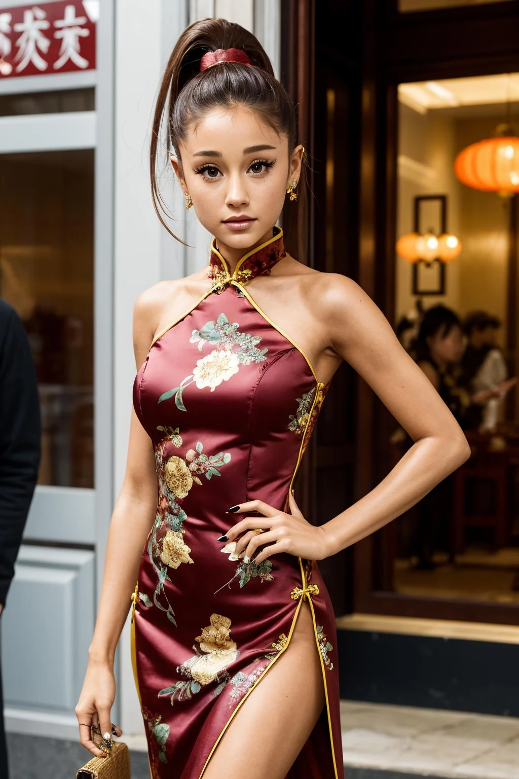 arianagrande, A woman (wearing a chinese dress:1.3) posing for a picture 