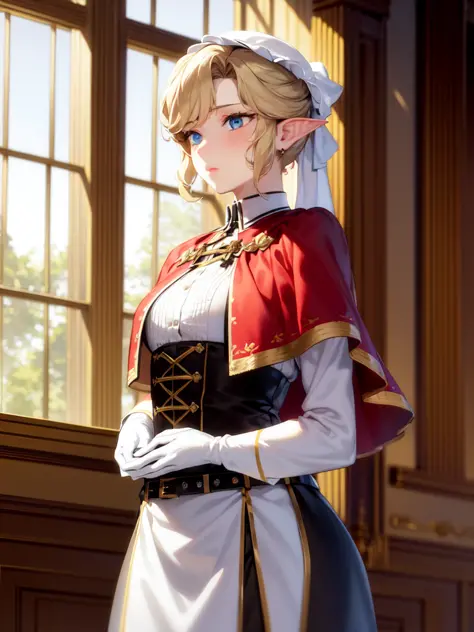 masterpiece, best quality, <lora:mariaVictorianMaid_v10:0.5>, Maria_VM, 1girl, androgynous, belt, blonde_hair, blue_eyes, capelet, eyelashes, genderswap, genderswap_(mtf), gloves, long_hair, pointy_ears, solo, tunic