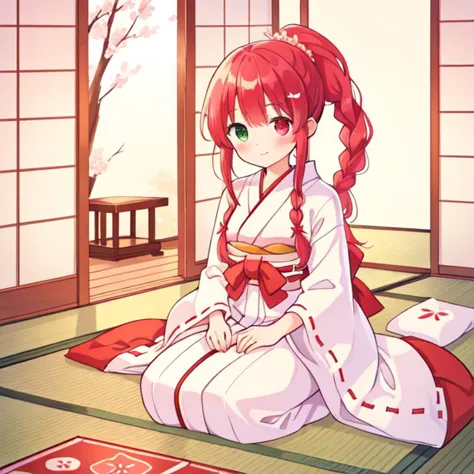 beautiful illustration, best quality, cute girl, japanese room, tatami, miko, red hakama, straight hair, heterochromia, braided ponytail,