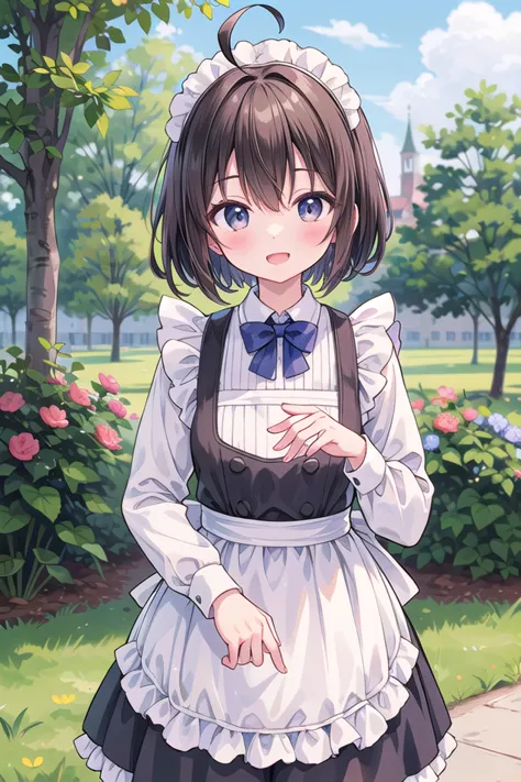 anime girl in maid outfit standing in front of a garden