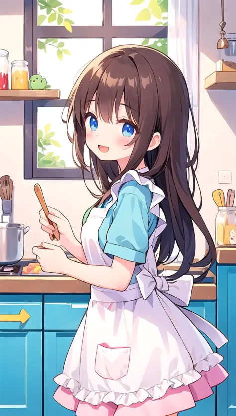 anime girl in apron cooking in kitchen with wooden spoon