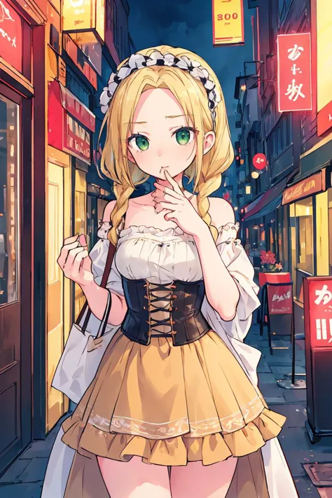 (masterpiece, best quality), female late twenties, tall, greek, green eyes, small ears,  round chin with cleft,   rounded forehead, unusual face shape,    , honey blonde box braids hair, regret wearing paperbag waist skirt, corset top,  flower headband,, over-the-shoulder look, looking over one shoulder with a sultry gaze, exuding  allure and mystery, neon lighting, vibrant, colorful lights adding a modern and edgy touch to romantic scenes, a charming bakery, with mouth-watering pastries and the sound of friendly chatter