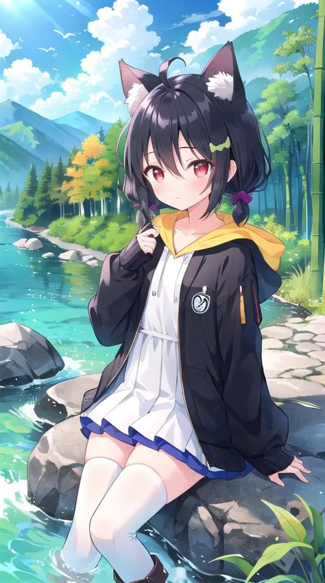 1girl, flat chest, short hair, black hair, ahoge, messy hair, payot, twintails, short twintails, animal ears, animal ear fluff, bat ears, bangs, hair between eyes, bat hair ornament, expressionless, empty eyes, red eyes, glowing eyes, white dress, short dress, pleated skirt, hooded jacket, black jacket, open jacket, open clothes, black hood, hood down, long sleeves, wide sleeves, sleeves past wrists, sleeves past fingers, black thighhighs, zettai ryouiki, boots, black footwear, mountain, river, water, grass, tree, bush, cloud, sky, nature, outdoors, shore, bamboo, rainbow, mist, forest, horizon, bamboo forest, azure water, rushing water, boulders, eddy, swift current, braided river, gorges, sandbar, verdant greens, blue sky, yarlung zangbo river, tibet, masterpiece, best quality, official art, extremely detailed CG unity 8k wallpaper, artbook, yuzu-soft, kobuichi, muririn,