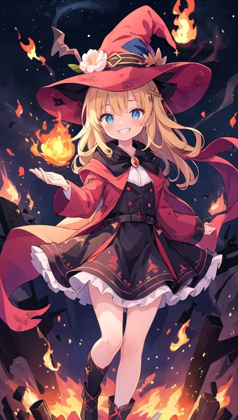 a girl in a witch costume is standing in front of a fire