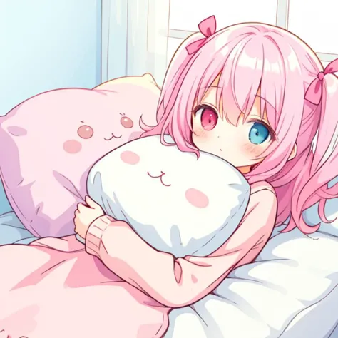 beautiful illustration, best quality, cute girl, bedroom, hugging pillow, pink hair, two side up, sleepy, heterochromia,