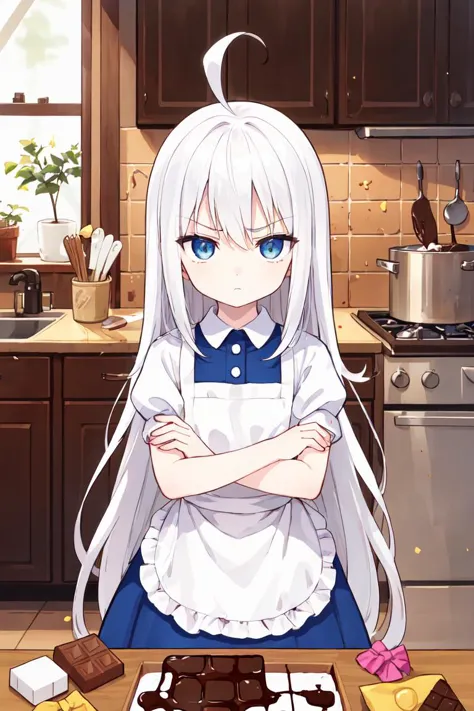 beautiful illustration, best quality, solo, cute girl, blue eyes, white hair, absurdly long hair, pale skin, ahoge, flat chest, expressionless, kitchen, indoors, making chocolate, apron, angly, dust particles, tyndal effect, chocolate candy, chocolate bar, crossed arms
