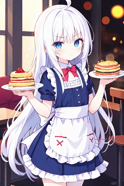 anime girl holding a plate of food in a restaurant