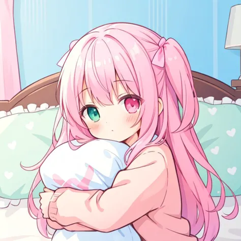 beautiful illustration, best quality, cute girl, bedroom, hugging pillow, pink hair, two side up, sleepy, heterochromia,