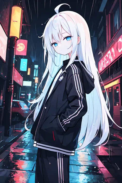 anime girl with long white hair standing in the rain