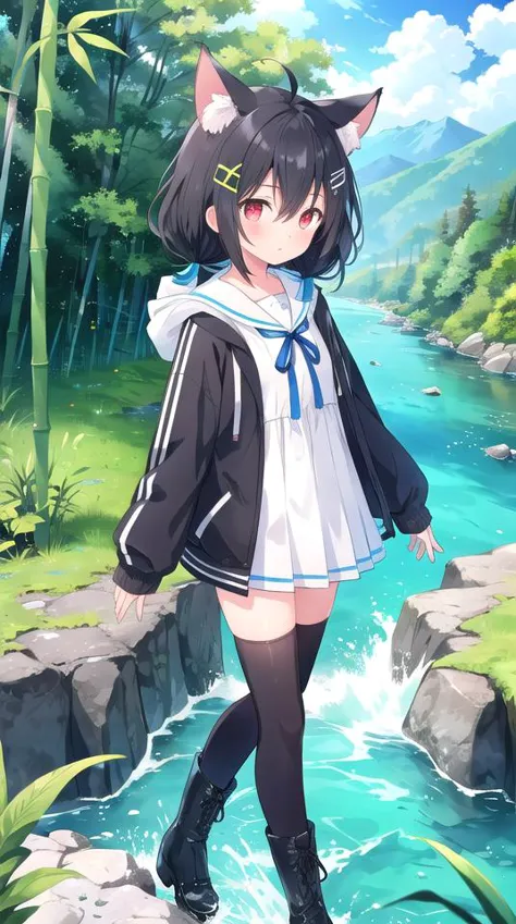 1girl, flat chest, short hair, black hair, ahoge, messy hair, payot, twintails, short twintails, animal ears, animal ear fluff, bat ears, bangs, hair between eyes, bat hair ornament, expressionless, empty eyes, red eyes, glowing eyes, white dress, short dress, pleated skirt, hooded jacket, black jacket, open jacket, open clothes, black hood, hood down, long sleeves, wide sleeves, sleeves past wrists, sleeves past fingers, black thighhighs, zettai ryouiki, boots, black footwear, mountain, river, water, grass, tree, bush, cloud, sky, nature, outdoors, shore, bamboo, rainbow, mist, forest, horizon, bamboo forest, azure water, rushing water, boulders, eddy, swift current, braided river, gorges, sandbar, verdant greens, blue sky, yarlung zangbo river, tibet, masterpiece, best quality, official art, extremely detailed CG unity 8k wallpaper, artbook, yuzu-soft, kobuichi, muririn,