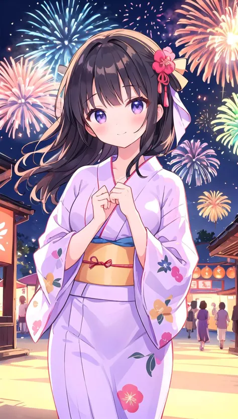 beautiful illustration, best quality, cute girl, yukata, summer festival, firework, black hair