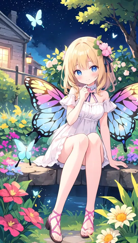 a girl with a butterfly wings sitting on a bench in a garden