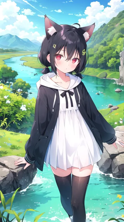 anime girl in a white dress and black cat ears standing on a rock