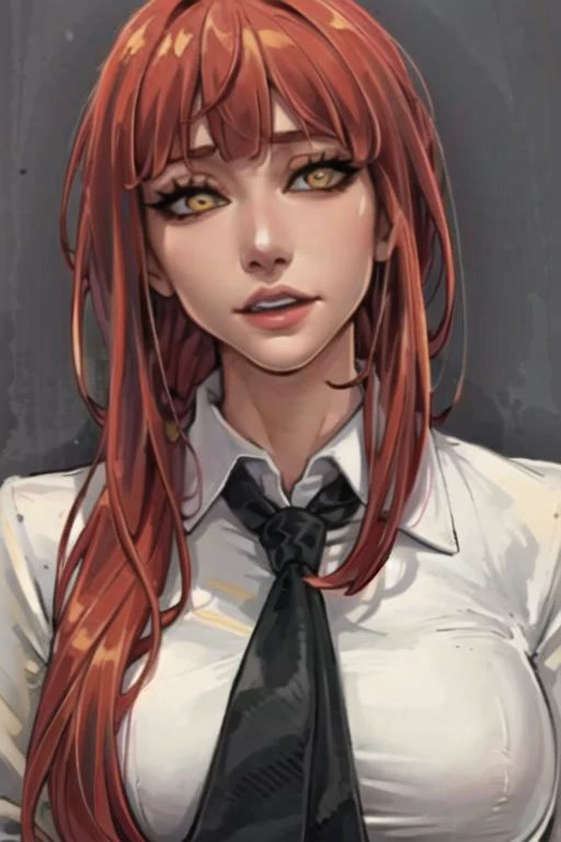 beautiful, ((masterpiece:1.2)), ((best quality:1.2)), extremely detailed face, perfect eyes, perfect face, medium shot of 1girl, solo, nose, tumblr, red hair, bangs, blunt bangs, formal, yellow eyes, ringed eyes, thin necktie, white collared shirt, black pants, large breasts, lips,