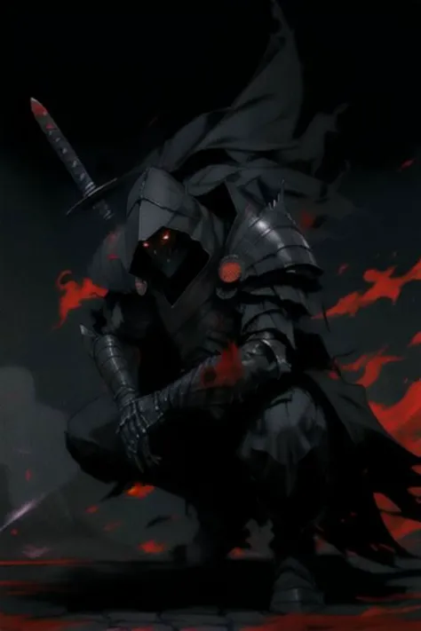 full body warrior of darkness in black cloth armor clad in shadow dark mist has red eyes with a thing red mist running from the ...