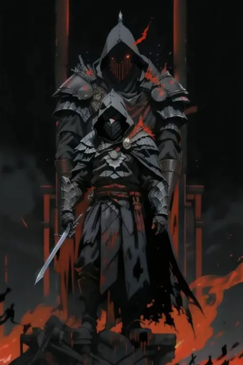 full body warrior of darkness in black cloth armor clad in shadow dark mist has red eyes with a thing red mist running from the side of his eyes upwards masked face wielding a stylized katana angrey look blood stained cape right shoulder on black fire cloth mask revealing angrey eyes, with huge red and black angle wings,
standing behind huge golden gates