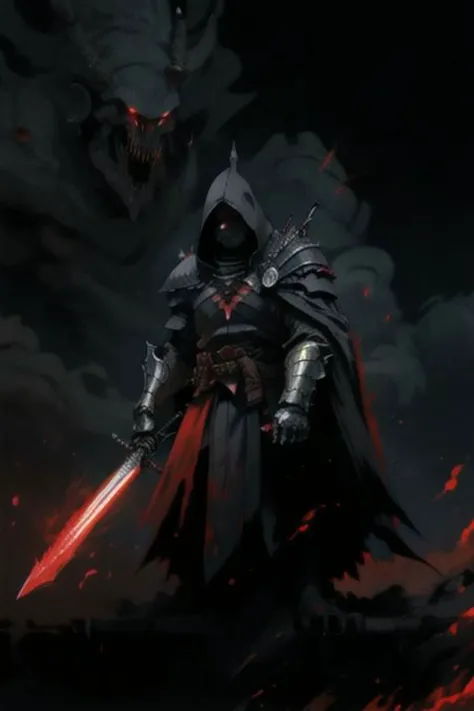 full body warrior of darkness in black cloth armor clad in shadow dark mist has red eyes with a thing red mist running from the ...