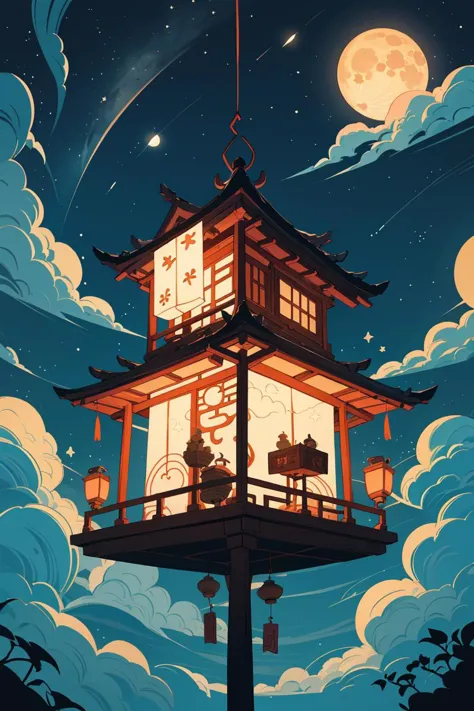 magical tea house, oriental design, hanging lanterns, candlelight lampposts, full moon, clouds, stars, highres, colorful, flat c...
