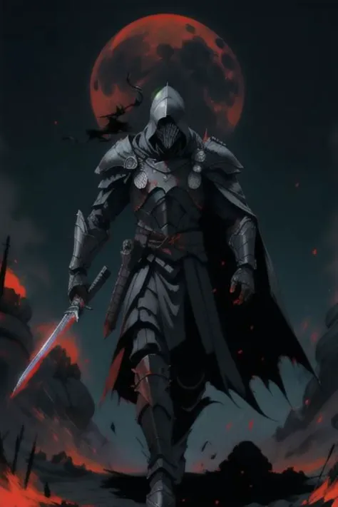 full body warrior of darkness in black cloth armor clad in shadow dark mist has red eyes with a thing red mist running from the ...