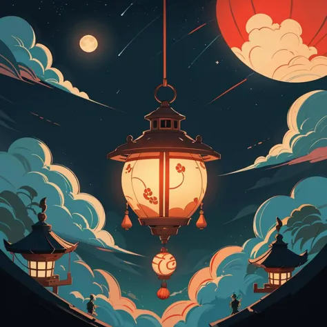 cyberpunk, magical tea house, oriental design, hanging lanterns, candlelight lampposts, full moon, clouds, stars, highres, color...