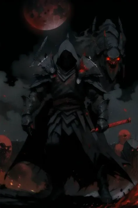 full body warrior of darkness in black cloth armor clad in shadow dark mist has red eyes with a thing red mist running from the ...