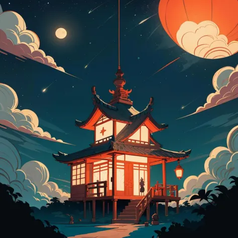 magical tea house, oriental design, hanging lanterns, candlelight lampposts, full moon, clouds, stars, highres, colorful, flat c...