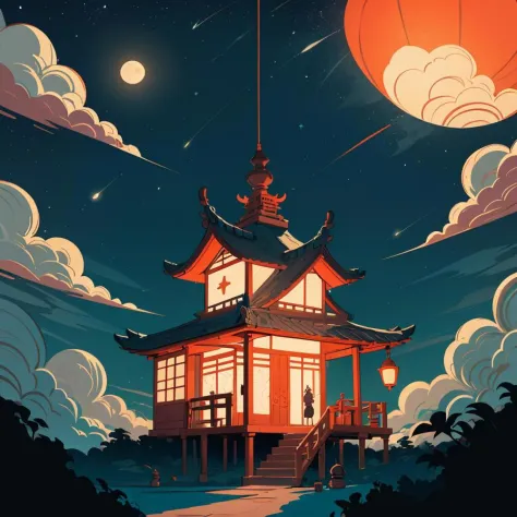 magical tea house, oriental design, hanging lanterns, candlelight lampposts, full moon, clouds, stars, highres, colorful, flat color,