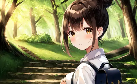 absurdres, masterpiece, highres, cinematic, full HD, 8k, intricate detail, ultra detailed, 1girl, solo, focus on face, eye focus, brown eyes, looking at viewer, skirt, nature, black hair, outdoors, tree, shirt, white shirt, stairs, black skirt, forest, short sleeves, black footwear, standing, shoes, scenery, sunlight, school uniform, day, pleated skirt, socks, ponytail, bag, looking at viewer, holding, collared shirt, plant, bangs, black socks, wide shot, moss, loafers, black eyes, closed mouth, short hair, short ponytail, light rays, holding bag, shirt tucked in, rock, blurry, dappled sunlight, full body, overgrown, grass, medium hair, school bag, railing, ruins, looking at viewer, dress shirt, long hair, sunbeam, brown eyes, depth of field, breasts, blurry foreground, hair bun, leaf, ((portrait))