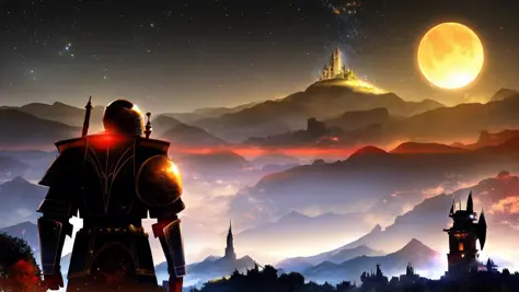 armor, building, castle, cloud, cloudy_sky, full_moon, gauntlets, (((helmet))), horizon, moon, moonlight, mountain, mountainous_horizon, night, night_sky, red_moon, sky, solo, (planet), starry_sky, sun, sword, tower, weapon, cloud, cloudy_sky, gradient_sky, horizon, lens_flare, moon, mountain, night, night_sky, orange_sky, outdoors, planet, red_sky, scenery, shooting_star, sky, skyline, skyscraper, solo, starry_sky, sunlight, tower, twilight, yellow_sky, (looking_back), ((game title JRPG)), ((JRPG title screen)), ashes, dust, (fantasy), knight looking at a celestial monster in background, (looking_back), (knight_armor), sword, shield, (post-apocalypse), (celestial_monster), a celestial monster in background, ((JRPG style art)), fog.