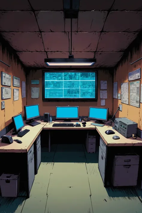 fine point pen digital painting, anime style, Surveillance Monitoring Room \(room\) <lora:EnvyStarlightAnimeInk01:1>