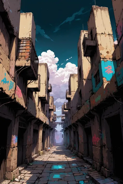 fine point pen digital painting, anime style, Graffiti-covered alleyway in a dilapidated,far future fantasy cloud megastructure edge of the multiverse, masterpiece, by Gia Nguyen Hoang (ukitakumuki)<lora:EnvyStarlightAnimeInk01:1.2>