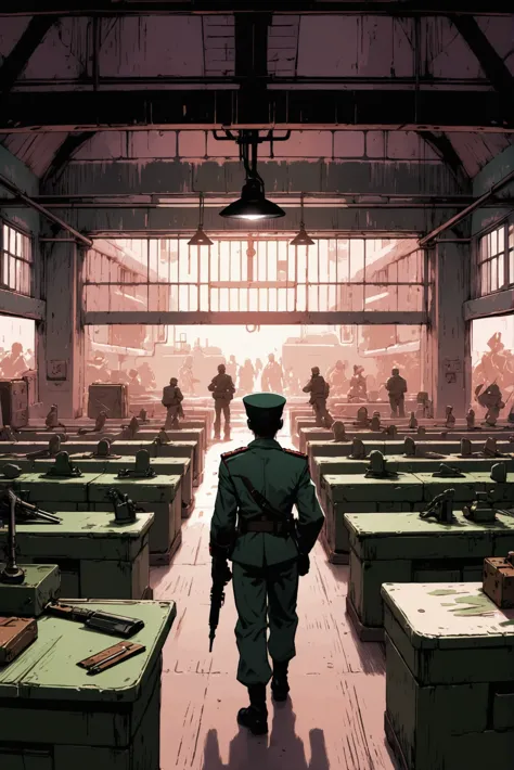 fine point pen digital painting, anime style, brightly lit interior, in a stellar toy soldier factory<lora:envystarlightanimeink...