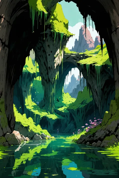 fine point pen digital painting, anime style, noon, architecture, vast gorpcore crystal cave in a algae bloom ponds<lora:envysta...