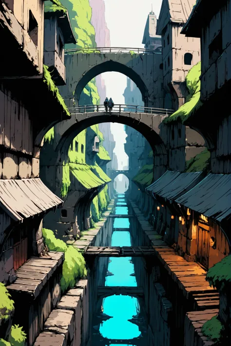 fine point pen digital painting, anime style, solemn scifi village in a troll bridges<lora:envystarlightanimeink01:1.2>