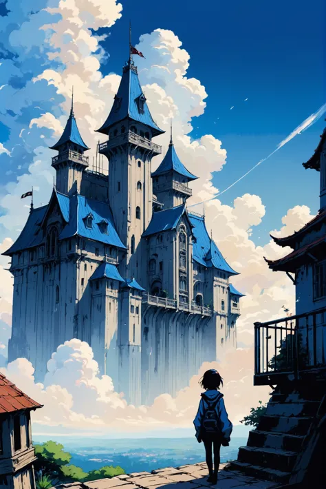 fine point pen digital painting, anime style, noon, blue sky, clouds, architecture, "at the misty paradoxical machine"<lora:envy...