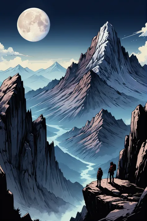 fine point pen digital painting, anime style, Lunar Mountain Ranges<lora:EnvyStarlightAnimeInk01:1.2>