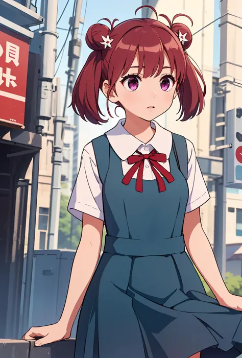 (masterpiece, best quality), 1girl,   <lora:hashima_izumi_v1:0.8> 1girl, solo, short hair, red hair, short twintails, double bun, ahoge, hair ornament, purple eyes, school uniform, neck ribbon, white shirt, pinafore dress, short sleeves