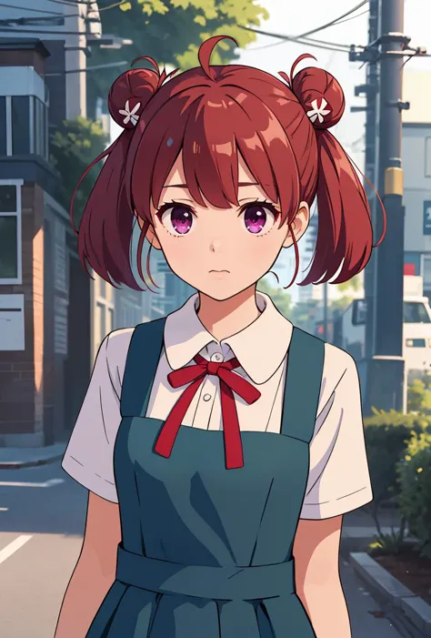 (masterpiece, best quality), 1girl,   <lora:hashima_izumi_v1:0.8> 1girl, solo, short hair, red hair, short twintails, double bun, ahoge, hair ornament, purple eyes, school uniform, neck ribbon, white shirt, pinafore dress, short sleeves