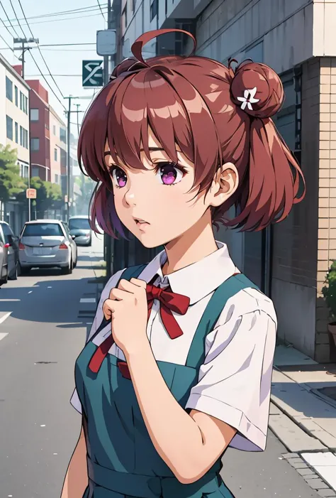 anime girl in school uniform standing on the street with her hand on her shoulder