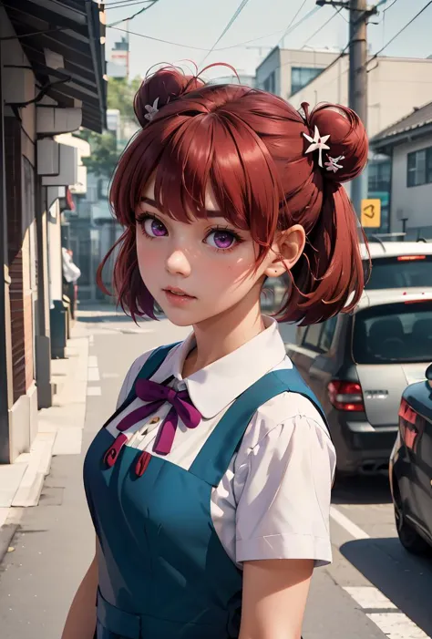 (masterpiece, best quality), 1girl,   <lora:hashima_izumi_v1:0.8> 1girl, solo, short hair, red hair, short twintails, double bun, ahoge, hair ornament, purple eyes, school uniform, neck ribbon, white shirt, pinafore dress, short sleeves