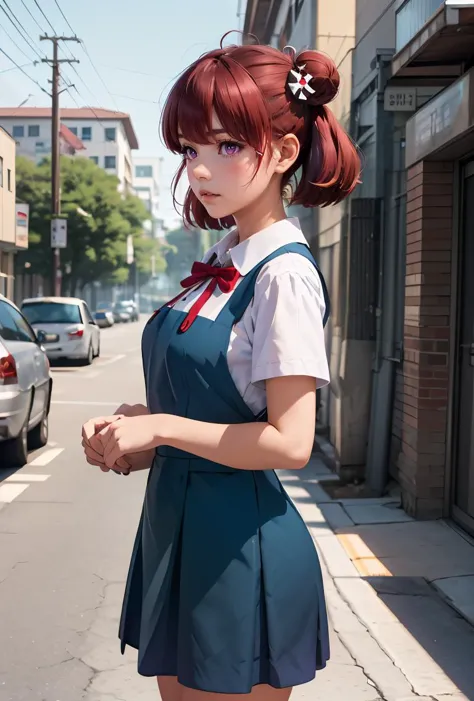 anime girl in a school uniform standing on a city street