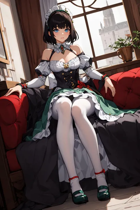 masterpiece, best quality, 1girl,  <lora:GenshinNPC_Katheryne_V9-000000:0.7>, medieval times, full body, medium hair, jewelry, gem, green and white dress, off-shoulder, bow, white pantyhose, vertical-striped pantyhose, puffy sleeves, blunt bangs, detached collar, maid headdress, red bow, green collar, green shoes, corset, blue eyes,  black hair, short hair,